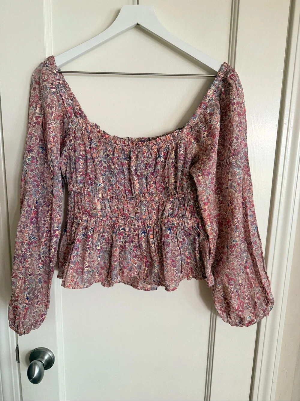J. Crew Pink Floral Smocked Peasant Blouse 100% Cotton Small